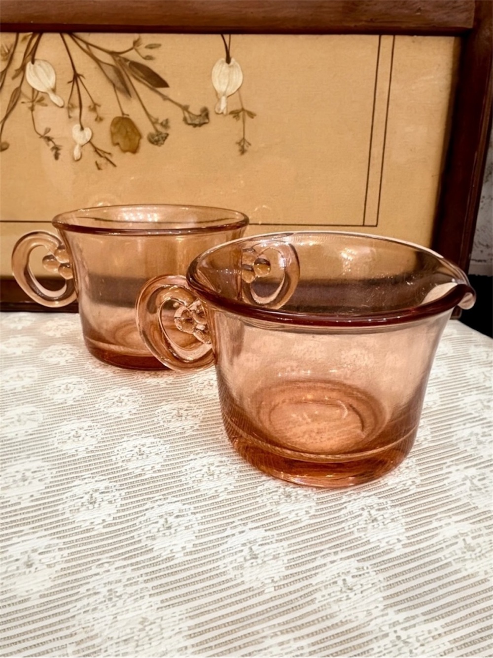 Vintage 1930s Pink Depression Glass Cream and Sugar Set